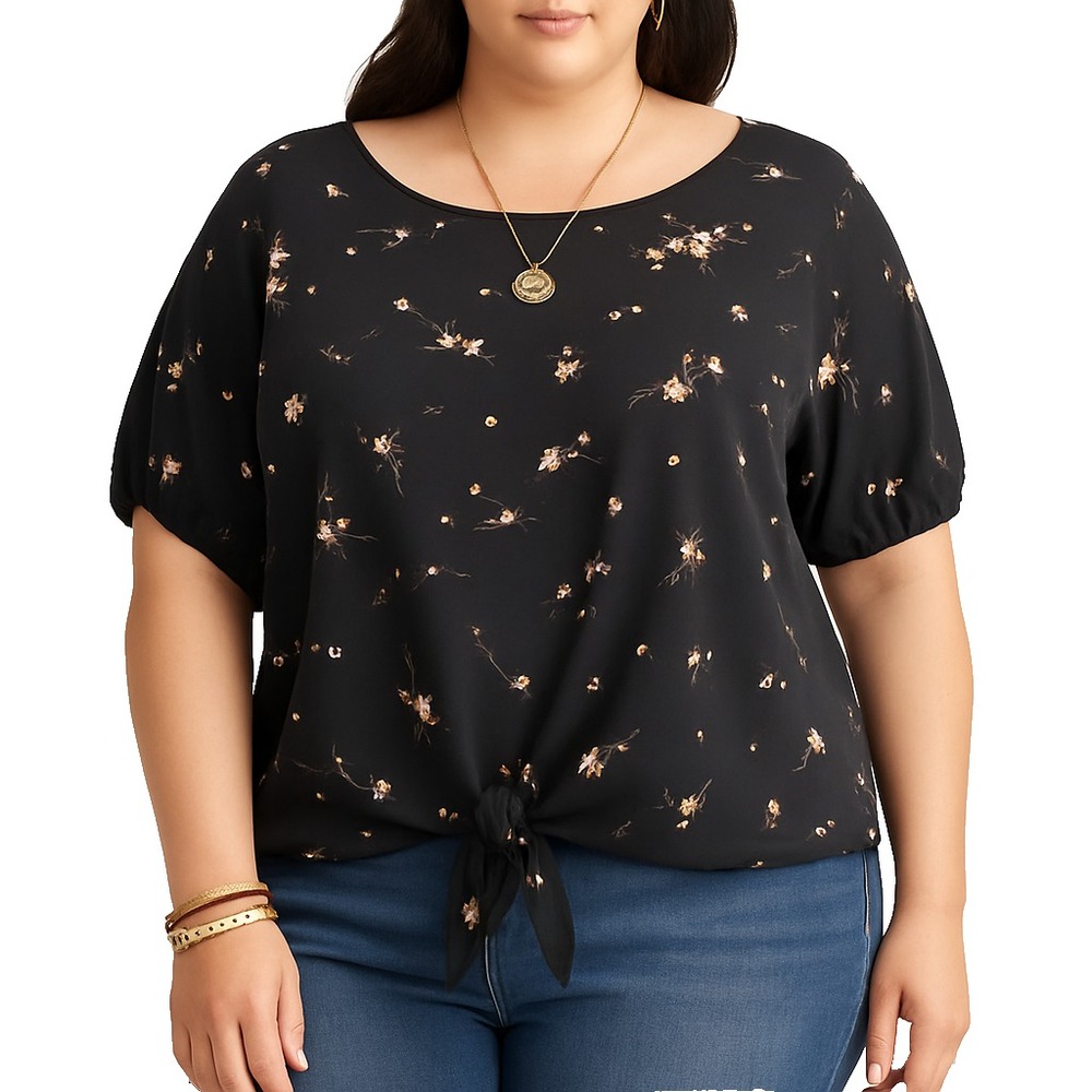 Buffalo David Bitton Women's XXL Black Floral Tie Front Short Sleeve Blouse Top